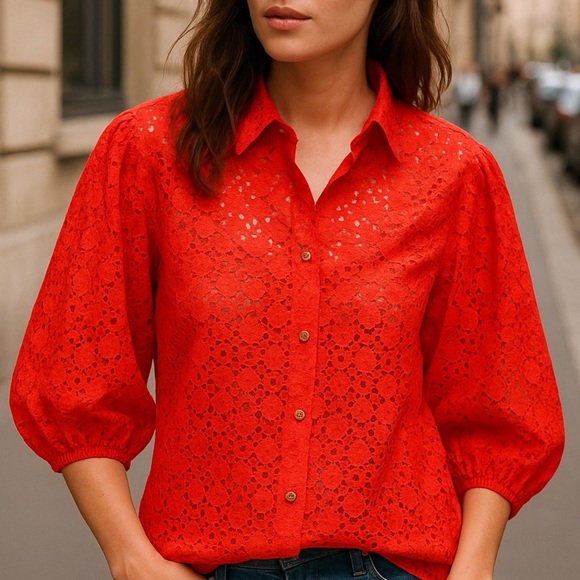 Carefree Fashions vintage Red floral Lace Top XL orange red puff 3/4 sleeve 70’s - Picture 1 of 8
